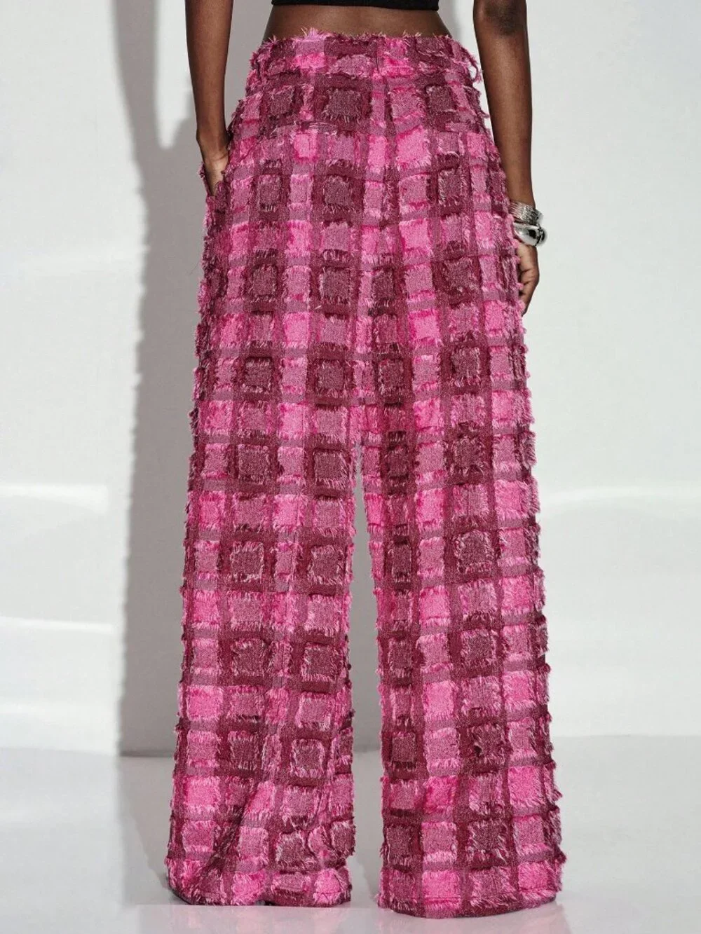 Hot Pink Party Women's Tassel Cut-Out Plaid Wide Leg Long Pants